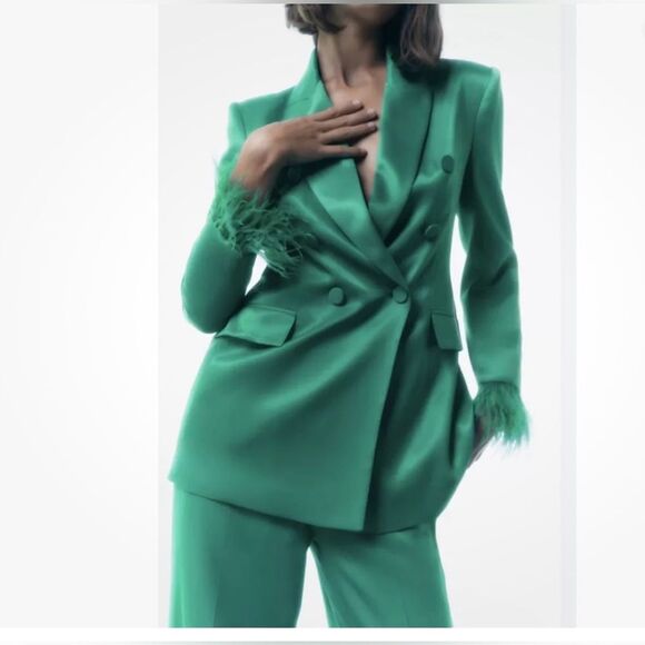 ZARA Green Satin Double-Breasted Blazer Feather Cuff Size X-Small - Picture 1 of 9